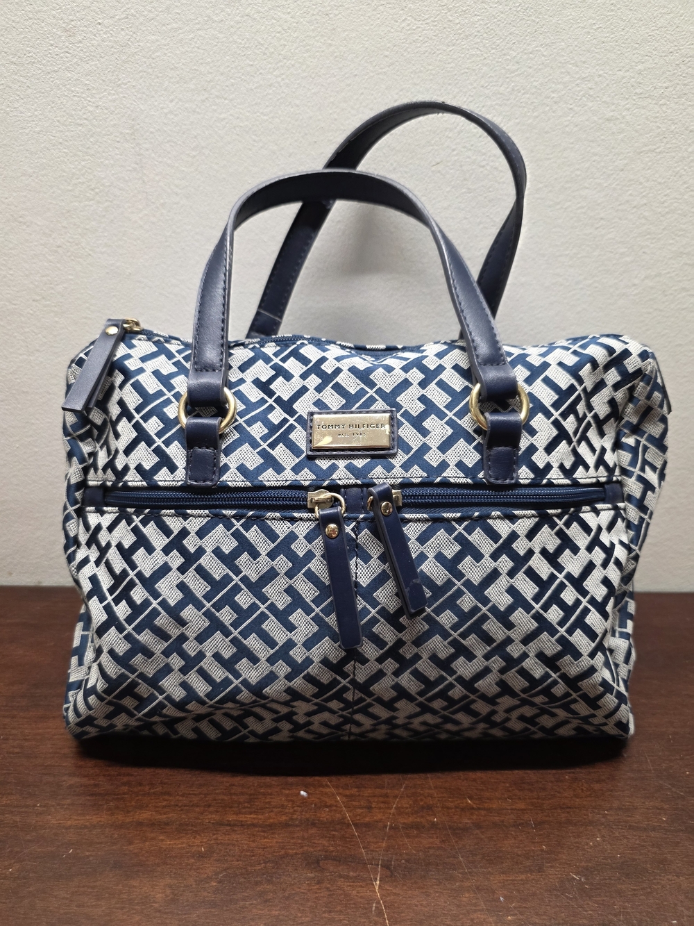 Tommy Hilfiger Navy and White Patterned Tote Bag